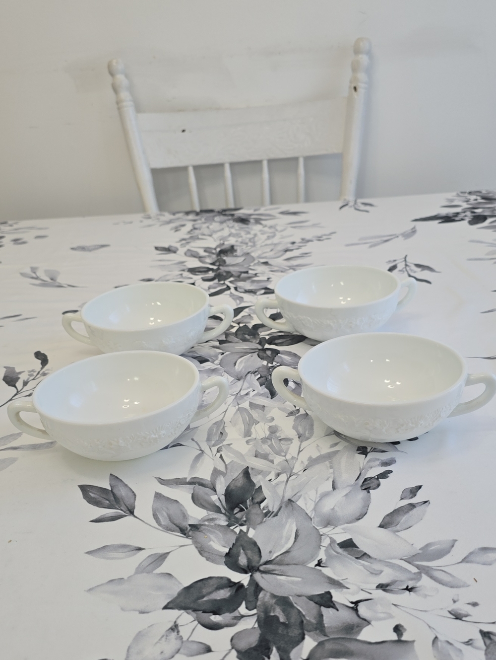 Vintage 4 Anchor Hocking Vitrock  Cream Soup Bowls Double Handle Milk Glass